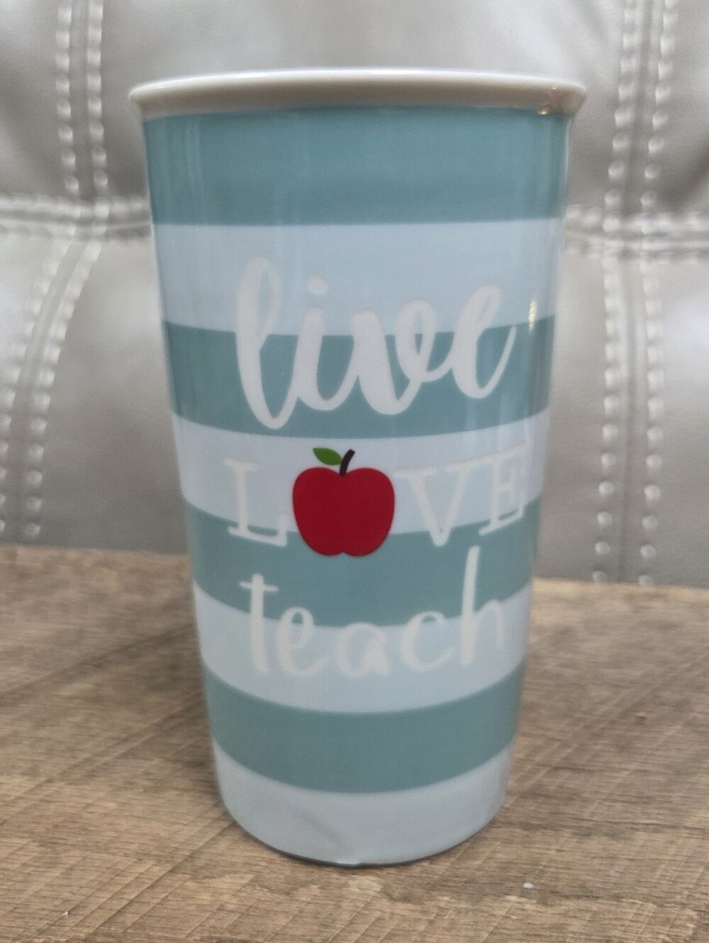 Live Love Teach Striped Ceramic Tumbler - Light Teal Bin 1G